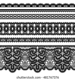 Vector lace ribbons, set of ornamental tulle borders on white