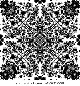 Vector de encaje sin patrón floral. Diseño de superficie florida. Textura decorativa monocromática con flores geométricas, corazones y tallos con follaje para servilleta, manta, papel pintado