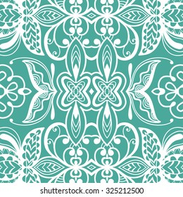Vector lace seamless pattern, floral geometric ornament, tribal ethnic arabic indian motif. Hand drawn abstract sketchy background. Repeating fabric texture