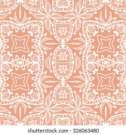Vector lace seamless pattern, floral geometric ornament, tribal ethnic arabic indian motif. Hand drawn abstract sketchy background. Repeating fabric texture