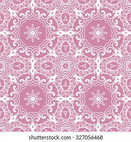 Vector lace seamless pattern, floral geometric ornament, tribal ethnic arabic indian motif. Hand drawn abstract sketchy background. Repeating fabric texture