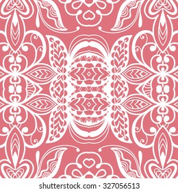 Vector lace seamless pattern, floral geometric ornament, tribal ethnic arabic indian motif. Hand drawn abstract sketchy background. Repeating fabric texture