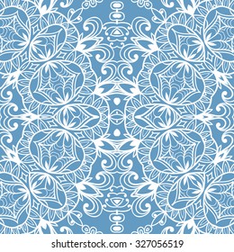 Vector lace seamless pattern, floral geometric ornament, tribal ethnic arabic indian motif. Hand drawn abstract sketchy background. Repeating fabric texture