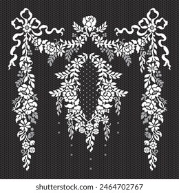 Vector lace seamless pattern. These design is classic style.Design with flower,leaf,ribbin on black backgroud.Hand drawn.Design is perfect for adding to lace pattern,embroidery and fashion industry.