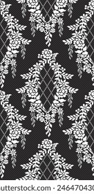 Vector lace seamless pattern. These design is classic style.Design with flower,leaf,ribbin on black backgroud.Hand drawn.Design is perfect for adding to lace pattern,embroidery and fashion industry.