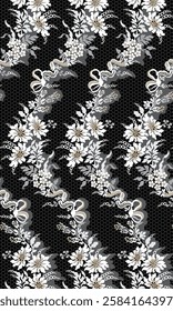Vector lace seamless pattern.These design is classic,feminine style.Design with flower,leaf on black background.Hand drawn.Design is perfect for adding to lace pattern,embroidery and fashion industry.
