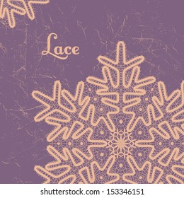 Vector lace snowflake style vintage handmade lace. Beige lace on the purple background