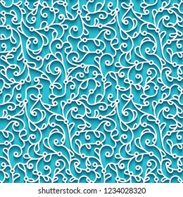 Vector lace texture, abstract seamless pattern with cutout paper swirls, curly filigree ornament on turquoise background
