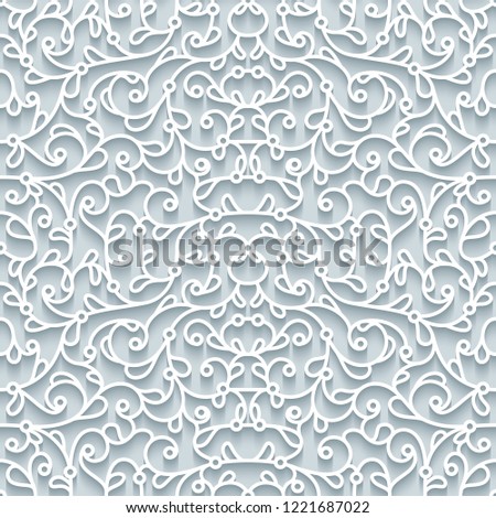 Vector lace texture, abstract seamless pattern with cutout paper swirls, filigree lacy ornament on neutral background