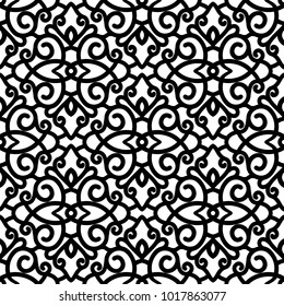 Vector lace texture, black and white swirls ornament, seamless pattern