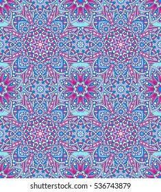 Vector laced decorative background with floral and geometric ornament. Seamless oriental ornamental pattern. Repeating embellished tiles with mandala. Indian or Arabic motive. Boho festival style