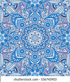 Vector laced decorative background with floral and geometric ornament. Seamless oriental ornamental pattern. Repeating embellished tiles with mandala. Indian or Arabic motive. Boho festival style