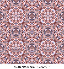 Vector laced decorative background with floral and geometric ornament. Seamless oriental ornamental pattern. Repeating embellished tiles with mandala. Indian or Arabic motive. Boho festival style