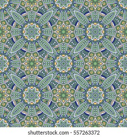 Vector laced decorative background with floral and geometric ornament. Seamless oriental ornamental pattern. Repeating embellished tiles with mandala. Indian or Arabic motive. Boho festival style.