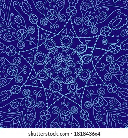 Vector laced pattern in dark blue and light blue colors. Snowflake. Winter pattern.