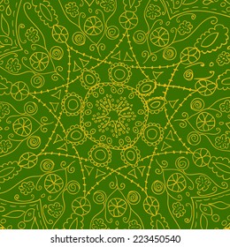 Vector laced pattern in green and yellow colors. Snowflake. Winter pattern.