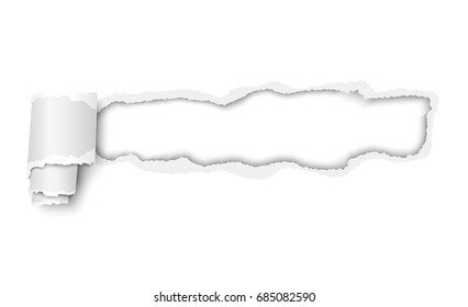 Vector lacerated hole in piece of white paper with torn edges and curl with space for text, copy or ad. Template paper design.