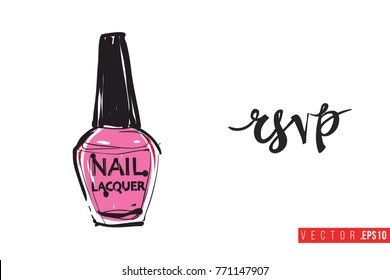 Vector lacquer with motivational text: rsvp. Fashion accessory illustration in glamour style for beauty salon, shop, blog print. Isolated symbol on white background.