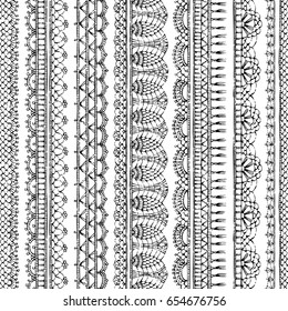 Vector lacy croched seamless pattern. Vertical black sketch knitted edging patterns and lacy borders on white background.