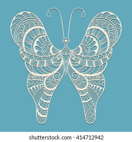 Vector Lacy Doodle Butterfly on Blue Background