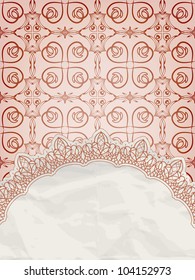 vector lacy napkin on floral background, if you use vector version, you can use floral background as seamless pattern and crumpled paper textured napkin behind clipping mask, eps 10, gradient mesh