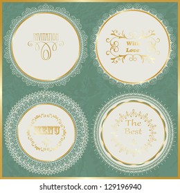 vector lacy napkins with golden frame on crumpled paper texture, fully editable eps 10 file,seamless brushes included