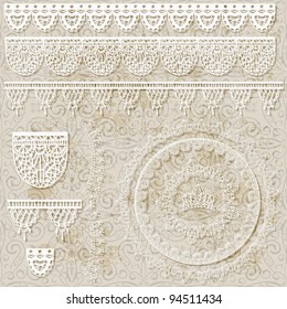 vector lacy scrapbook design patterns on seamless grungy background, brushes included