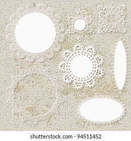 vector lacy scrapbook napkin design patterns on seamless grungy background