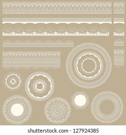 Vector lacy vintage design elements, lacy seamless brushes included, shadows at the separate layer, fully editable eps 8 file