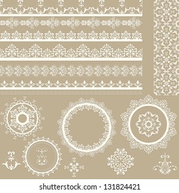 Vector lacy vintage ribbons, napkins, and design elements, lacy seamless brushes included, shadows at the separate layer, fully editable eps 8 file