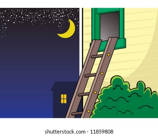 vector of ladder to house window at night -  space to left for your text