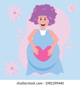 Vector lady character smiling pregnant woman birthday preparation to baby drawing logo cartoon concept for metaphor mother mom newborn birth and lifestyle family