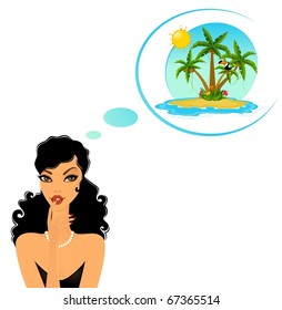Vector lady dreams about Island with tropical palms