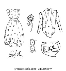 Vector Lady fashion accessories set.  Various objects: dress, inscription girl, flower, glasses, jacket, bag. Hand drawn, stylish and trendy