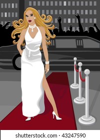 Vector Lady living a luxury lifestyle walks down the red carpet after arriving in a limousine.  Visible in the background is her limo, a waving crowd of fans and city buildings.