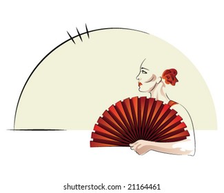 VECTOR Lady in red looking to the side, while holding a fan.