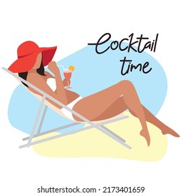 Dama vectorial relajante, cóctel tiempo, fiesta de verano, vacaciones, bar, día soleado a orillas del mar, en un hotel. Hola verano.