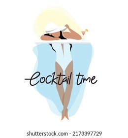Mujer vectorial relajante, cóctel de bebida, fiesta de verano, vacaciones, bar, día soleado a orillas del mar, hora de cócteles.