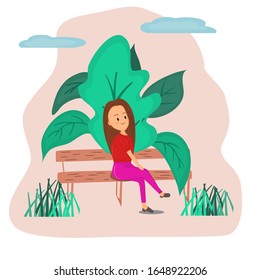 Mujer vectora sentada en el jardín en verano.