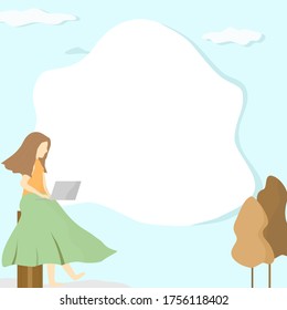 Vector - Lady sitting on timber and using laptop computer to check e-mail, do business, play game or shopping online on blue sky background. Copy space. Can be use for print, web, banner, brochure.