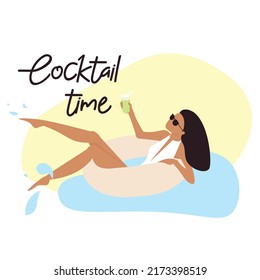Vector lady swim and drink cocktail, summer party, holiday, vacations, hotel bar, sunny day in a hotel.