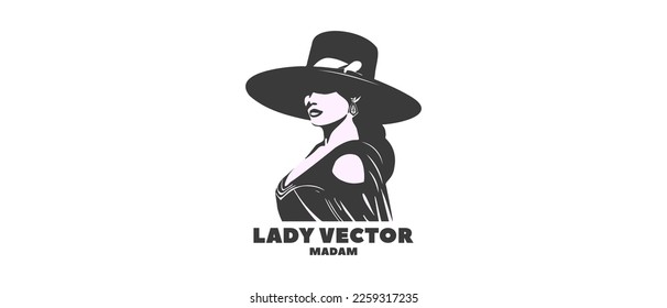 Vector lady in a wide-brimmed hat. Sample black and pink logo woman or madam. Stencil or silhouette on white isolated background.