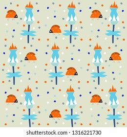 Vector Ladybug & Flowers Seamless Pattern Background for Textile, Wallpapers,Wrapping paper and Scrapbooking