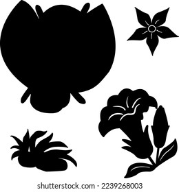 Vector ladybug icon. Black icons of a ladybug, flowers, and leaves on stone. Illustration of a funny ladybug flying on a white background