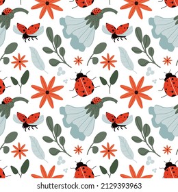 Vector ladybug seamless pattern. Insect ornament with red ladybugs on white background. Spring ditzy colorful pattern. Illustration for textile, fabric, cards, etc