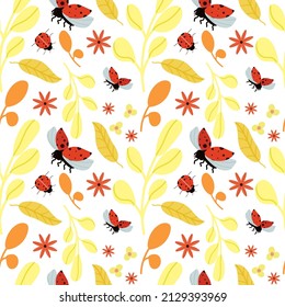Vector ladybug seamless pattern. Insect ornament with red ladybugs on white background. Spring ditzy colorful pattern in square format. Illustration for textile, fabric, cards, etc