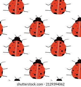 Vector ladybug seamless pattern. Insect ornament with red ladybugs on white background. Spring ditzy colorful pattern. Illustration for textile, fabric, cards, etc