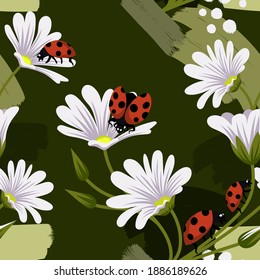 Vector ladybug with white flowers seamles pattern