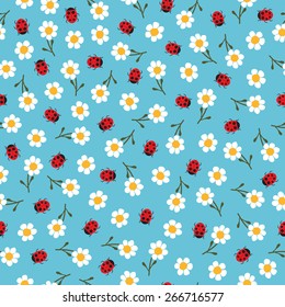 vector ladybugs and flowers seamless pattern. flowers background.
