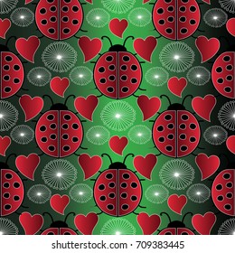 Vector ladybugs seamless pattern. Floral green background with red black cartoon ladybirds, love hearts and white flowers . Lady-beetles wallpaper. Lady-cow illustration. Vector endless texture